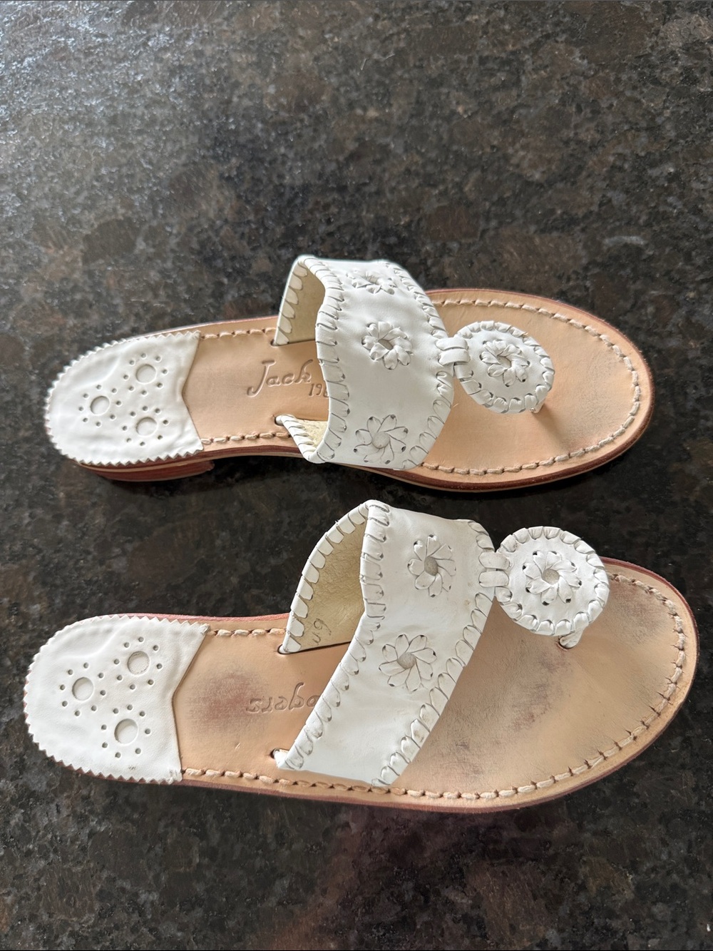 Jack Rogers White Leather Slide Sandals with Whipstitch Floral Motif